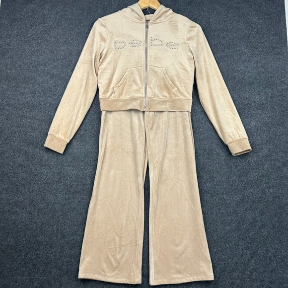 bebe Tops - bebe Beige Velour Tracksuit Zip Up Hoodie Rhinestone 'bebe' Spell Out - Medium